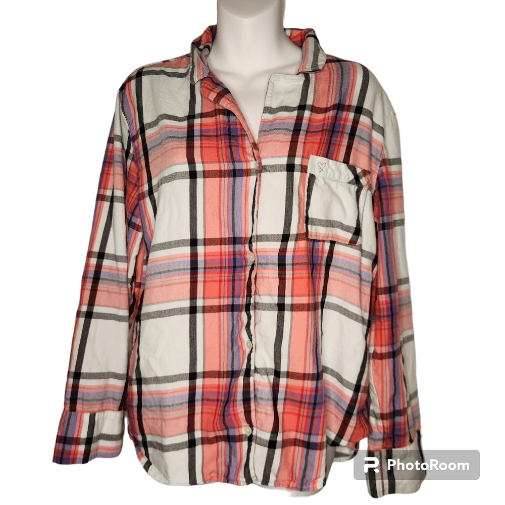 Victoria's Secret Medium Pink Boyfriend Style Plaid Flannel Button Down Top